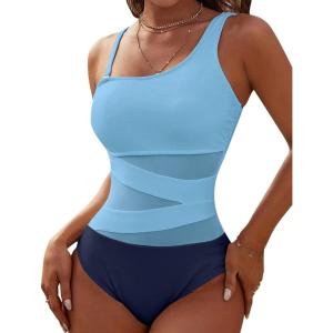 imageBlooming Jelly Womens Sexy One Piece Bathing Suits One Shoulder Swimsuits Slimming Mesh SwimwearSkyblue