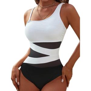 imageBlooming Jelly Womens Sexy One Piece Bathing Suits One Shoulder Swimsuits Slimming Mesh SwimwearWhite and Black