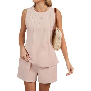 imageBlooming Jelly Womens Summer Two Piece Sets Vacation Outfits Pleated Button Linen Matching Set Tank Top Shorts with PocketsLight Apricot