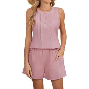 imageBlooming Jelly Womens Summer Two Piece Sets Vacation Outfits Pleated Button Linen Matching Set Tank Top Shorts with PocketsPink