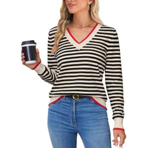 imageBlooming Jelly Womens Sweaters Striped V Neck Fall Outfits 2024Color Block Pullover Tops Winter ClothesBlack Beige