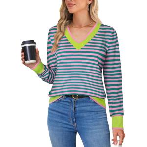 imageBlooming Jelly Womens Sweaters Striped V Neck Fall Outfits 2024Color Block Pullover Tops Winter ClothesBlue Pink