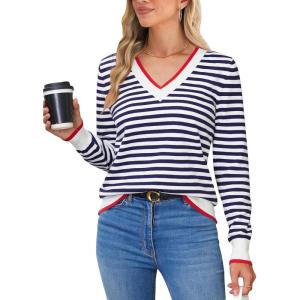 imageBlooming Jelly Womens Sweaters Striped V Neck Fall Outfits 2024Color Block Pullover Tops Winter ClothesBlue White