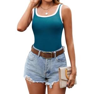 imageBlooming Jelly Womens Tank Tops Built in Bra Summer Trendy Sleeveless Tops Ribbed Square Neck ShirtsTeal