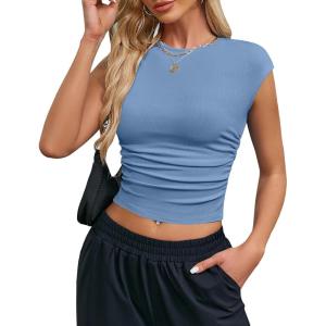 imageBlooming Jelly Womens Trendy Crop Tops Summer Sleeveless Y2k Ribbed Tank Top Casual Going Out Ruched Tshirts ShirtsBlue