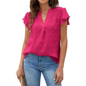 imageBlooming Jelly Womens White Blouse V Neck Ruffle Sleeve Flowy Shirts Dressy Casual Cute Summer TopsBright Rose
