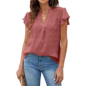 imageBlooming Jelly Womens White Blouse V Neck Ruffle Sleeve Flowy Shirts Dressy Casual Cute Summer TopsCoral Red