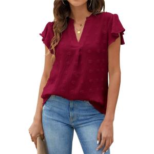 imageBlooming Jelly Womens White Blouse V Neck Ruffle Sleeve Flowy Shirts Dressy Casual Cute Summer TopsCrimson Red