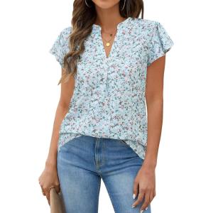 imageBlooming Jelly Womens White Blouse V Neck Ruffle Sleeve Flowy Shirts Dressy Casual Cute Summer TopsGreenfloral Print