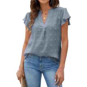 imageBlooming Jelly Womens White Blouse V Neck Ruffle Sleeve Flowy Shirts Dressy Casual Cute Summer TopsHaze Blue