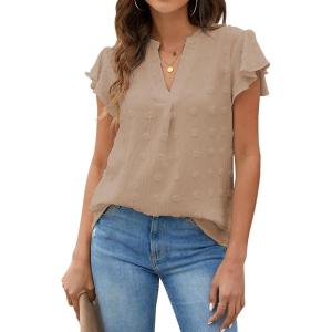 imageBlooming Jelly Womens White Blouse V Neck Ruffle Sleeve Flowy Shirts Dressy Casual Cute Summer TopsKhaki