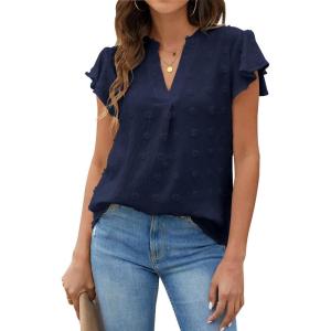 imageBlooming Jelly Womens White Blouse V Neck Ruffle Sleeve Flowy Shirts Dressy Casual Cute Summer TopsNavy Blue