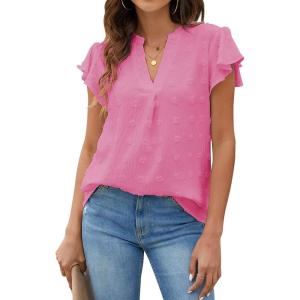 imageBlooming Jelly Womens White Blouse V Neck Ruffle Sleeve Flowy Shirts Dressy Casual Cute Summer TopsPink02