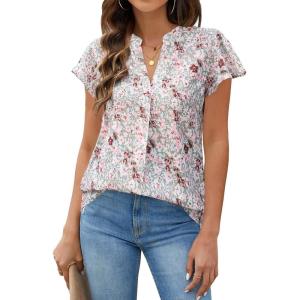 imageBlooming Jelly Womens White Blouse V Neck Ruffle Sleeve Flowy Shirts Dressy Casual Cute Summer TopsPinkfloral Print