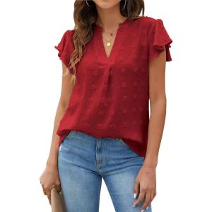 imageBlooming Jelly Womens White Blouse V Neck Ruffle Sleeve Flowy Shirts Dressy Casual Cute Summer TopsRed