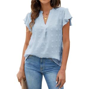 imageBlooming Jelly Womens White Blouse V Neck Ruffle Sleeve Flowy Shirts Dressy Casual Cute Summer TopsSky Blue