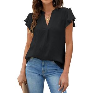 imageBlooming Jelly Womens White Blouse V Neck Ruffle Sleeve Flowy Shirts Dressy Casual Cute Summer TopsSolid Colorblack