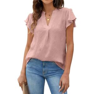 imageBlooming Jelly Womens White Blouse V Neck Ruffle Sleeve Flowy Shirts Dressy Casual Cute Summer TopsSolid Colorpink