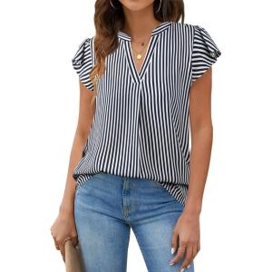 imageBlooming Jelly Womens White Blouse V Neck Ruffle Sleeve Flowy Shirts Dressy Casual Cute Summer TopsStripedblack and White