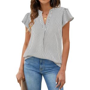 imageBlooming Jelly Womens White Blouse V Neck Ruffle Sleeve Flowy Shirts Dressy Casual Cute Summer TopsStripedgrey 01 and White