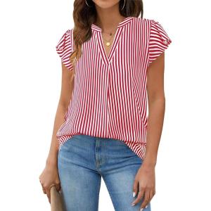 imageBlooming Jelly Womens White Blouse V Neck Ruffle Sleeve Flowy Shirts Dressy Casual Cute Summer TopsStripedred and White