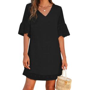 imageBlooming Jelly Womens White Dresses Short Sleeve V Neck Ruffle Cute Sun Dress Chiffon Flowy Shift Mini DressBlack