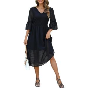 imageBlooming Jelly Womens White Dresses Short Sleeve V Neck Ruffle Cute Sun Dress Chiffon Flowy Shift Mini DressBlack Long