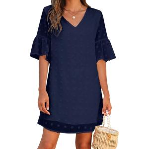 imageBlooming Jelly Womens White Dresses Short Sleeve V Neck Ruffle Cute Sun Dress Chiffon Flowy Shift Mini DressDark Blue