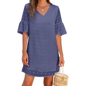 imageBlooming Jelly Womens White Dresses Short Sleeve V Neck Ruffle Cute Sun Dress Chiffon Flowy Shift Mini DressDull Blue
