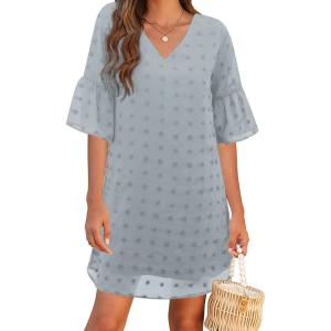 imageBlooming Jelly Womens White Dresses Short Sleeve V Neck Ruffle Cute Sun Dress Chiffon Flowy Shift Mini DressGrey