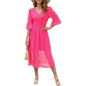 imageBlooming Jelly Womens White Dresses Short Sleeve V Neck Ruffle Cute Sun Dress Chiffon Flowy Shift Mini DressHot Pink