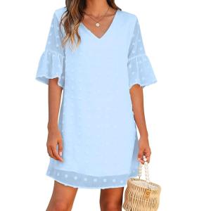 imageBlooming Jelly Womens White Dresses Short Sleeve V Neck Ruffle Cute Sun Dress Chiffon Flowy Shift Mini DressLight Blue