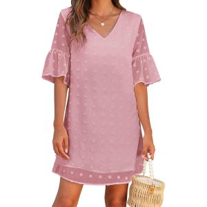 imageBlooming Jelly Womens White Dresses Short Sleeve V Neck Ruffle Cute Sun Dress Chiffon Flowy Shift Mini DressLight Pink