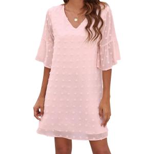 imageBlooming Jelly Womens White Dresses Short Sleeve V Neck Ruffle Cute Sun Dress Chiffon Flowy Shift Mini DressPink