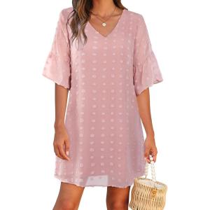 imageBlooming Jelly Womens White Dresses Short Sleeve V Neck Ruffle Cute Sun Dress Chiffon Flowy Shift Mini DressPink2