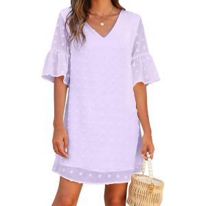 imageBlooming Jelly Womens White Dresses Short Sleeve V Neck Ruffle Cute Sun Dress Chiffon Flowy Shift Mini DressPurple