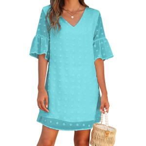 imageBlooming Jelly Womens White Dresses Short Sleeve V Neck Ruffle Cute Sun Dress Chiffon Flowy Shift Mini DressTurquoise