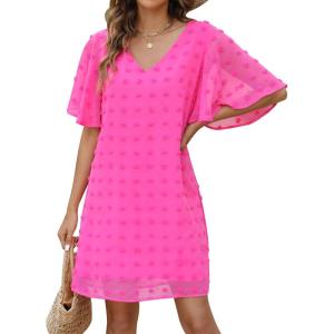imageBlooming Jelly Womens White Dresses Short Sleeve V Neck Ruffle Cute Sun Dress Chiffon Flowy Shift Mini DressWatermelon Red