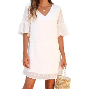 imageBlooming Jelly Womens White Dresses Short Sleeve V Neck Ruffle Cute Sun Dress Chiffon Flowy Shift Mini DressWhite