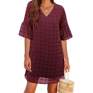 imageBlooming Jelly Womens White Dresses Short Sleeve V Neck Ruffle Cute Sun Dress Chiffon Flowy Shift Mini DressWine Red