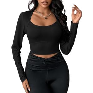 imageBlooming Jelly Womens Workout Long Sleeve Yoga TShirt Athletic Tee Slim Fit Sexy Yoga Shirt Cropped TopsBlack