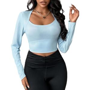 imageBlooming Jelly Womens Workout Long Sleeve Yoga TShirt Athletic Tee Slim Fit Sexy Yoga Shirt Cropped TopsBlue