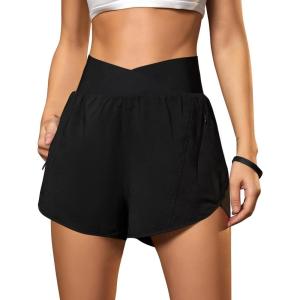 imageBlooming Jelly Womens Workout Shorts Athletic Running Shorts Crossover High Waisted Gym Shorts with Zipper Pockets 25quotBlack
