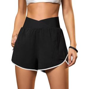 imageBlooming Jelly Womens Workout Shorts Athletic Running Shorts Crossover High Waisted Gym Shorts with Zipper Pockets 25quotBlack and White