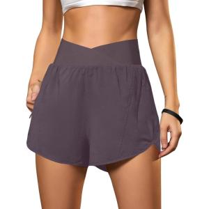 imageBlooming Jelly Womens Workout Shorts Athletic Running Shorts Crossover High Waisted Gym Shorts with Zipper Pockets 25quotCoffee