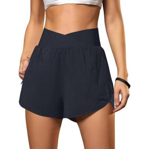 imageBlooming Jelly Womens Workout Shorts Athletic Running Shorts Crossover High Waisted Gym Shorts with Zipper Pockets 25quotDark Blue