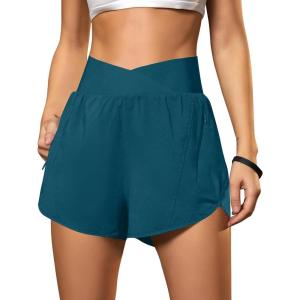 imageBlooming Jelly Womens Workout Shorts Athletic Running Shorts Crossover High Waisted Gym Shorts with Zipper Pockets 25quotDark Cyan