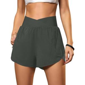 imageBlooming Jelly Womens Workout Shorts Athletic Running Shorts Crossover High Waisted Gym Shorts with Zipper Pockets 25quotDark Green