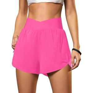 imageBlooming Jelly Womens Workout Shorts Athletic Running Shorts Crossover High Waisted Gym Shorts with Zipper Pockets 25quotHot Pink