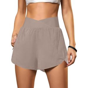 imageBlooming Jelly Womens Workout Shorts Athletic Running Shorts Crossover High Waisted Gym Shorts with Zipper Pockets 25quotKhaki